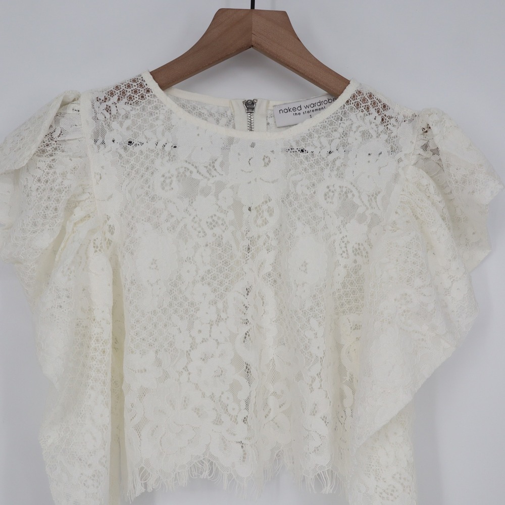 Naked Wardrobe Off White Lace Ruffle Crop Top NWSP20-T21 Small Statement Sleeves - Picture 3 of 6